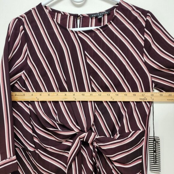 Haute Monde Womens Striped Burgundy Pink Tie Front Blouse Top 3/4 Sleeves Size M - Picture 9 of 10